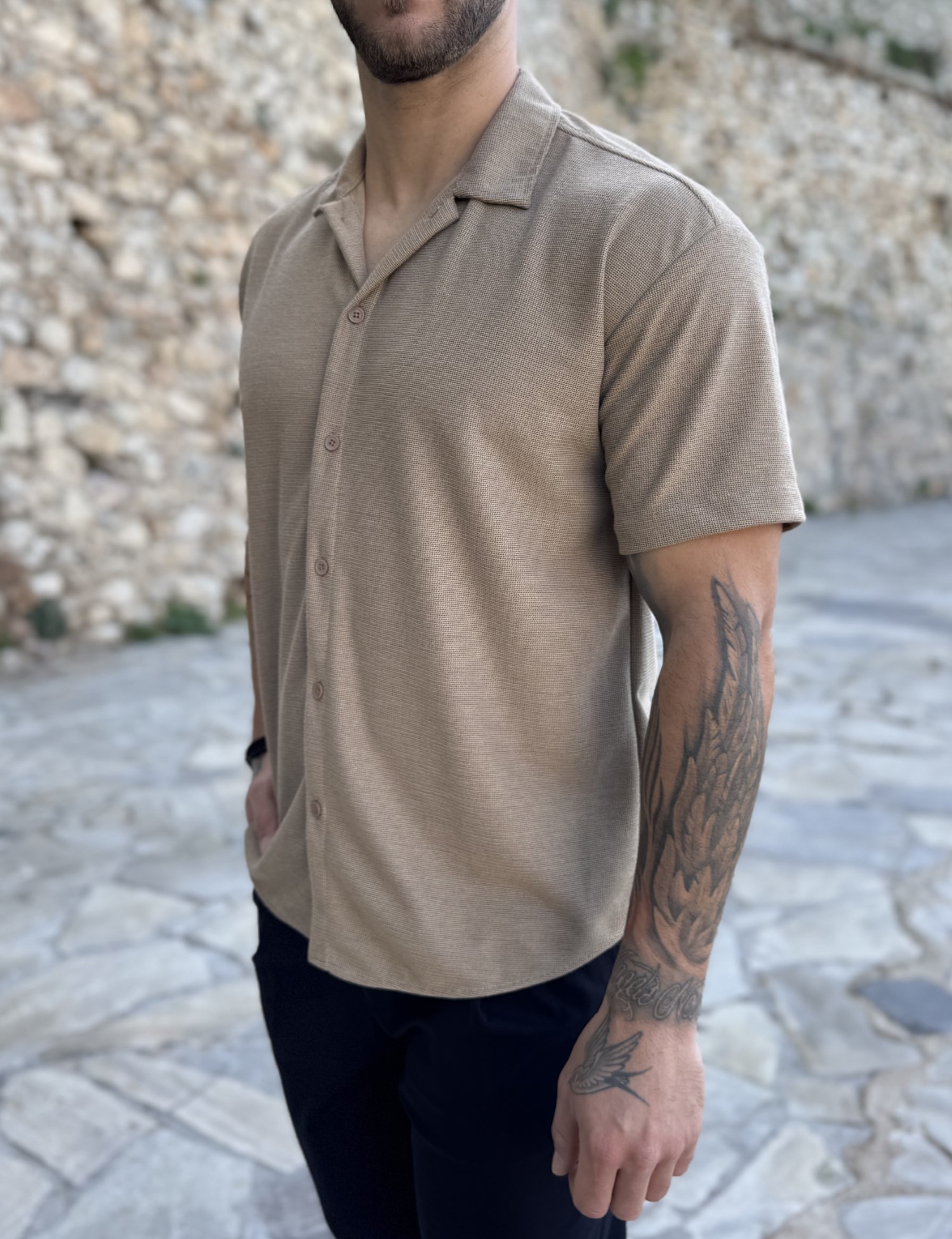 Ανδρικό πλεκτό καφέ κοντομάνικο πουκάμισο RMZ19134K φωτογραφία